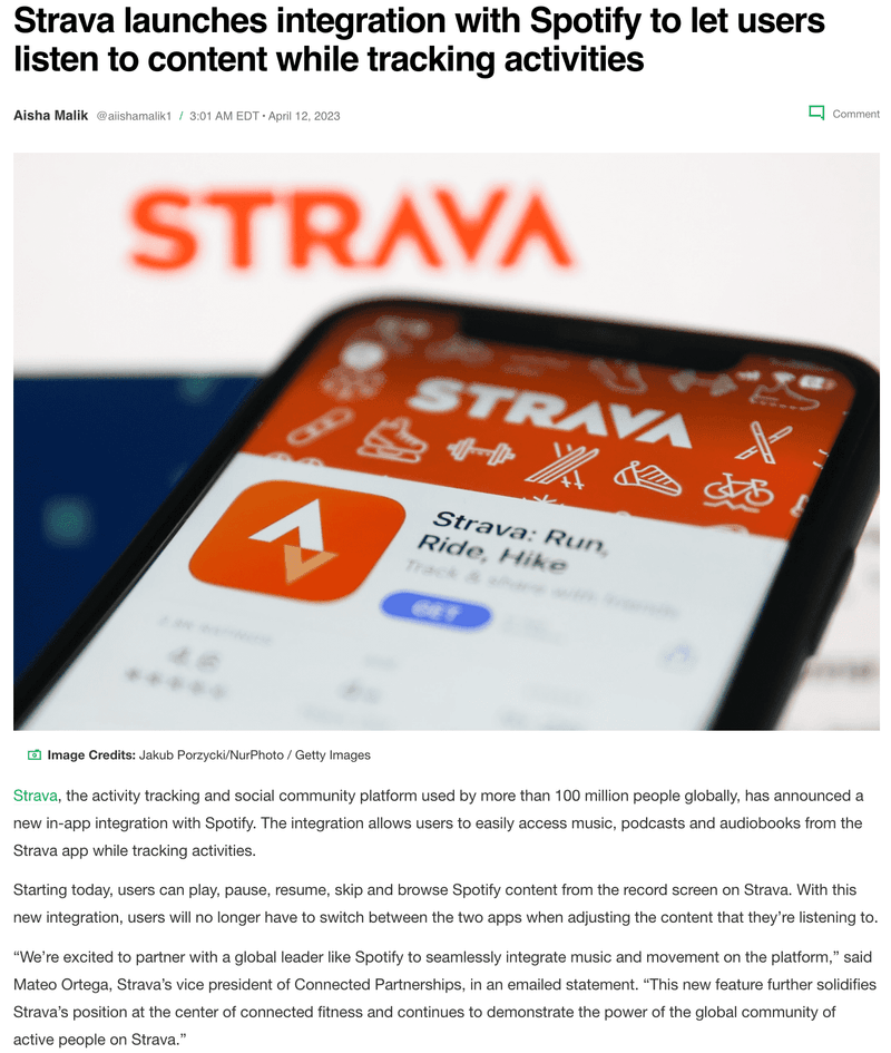 Screenshot of Strava announcement via TechCrunch