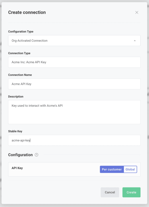 Config showing org-activated connections screen