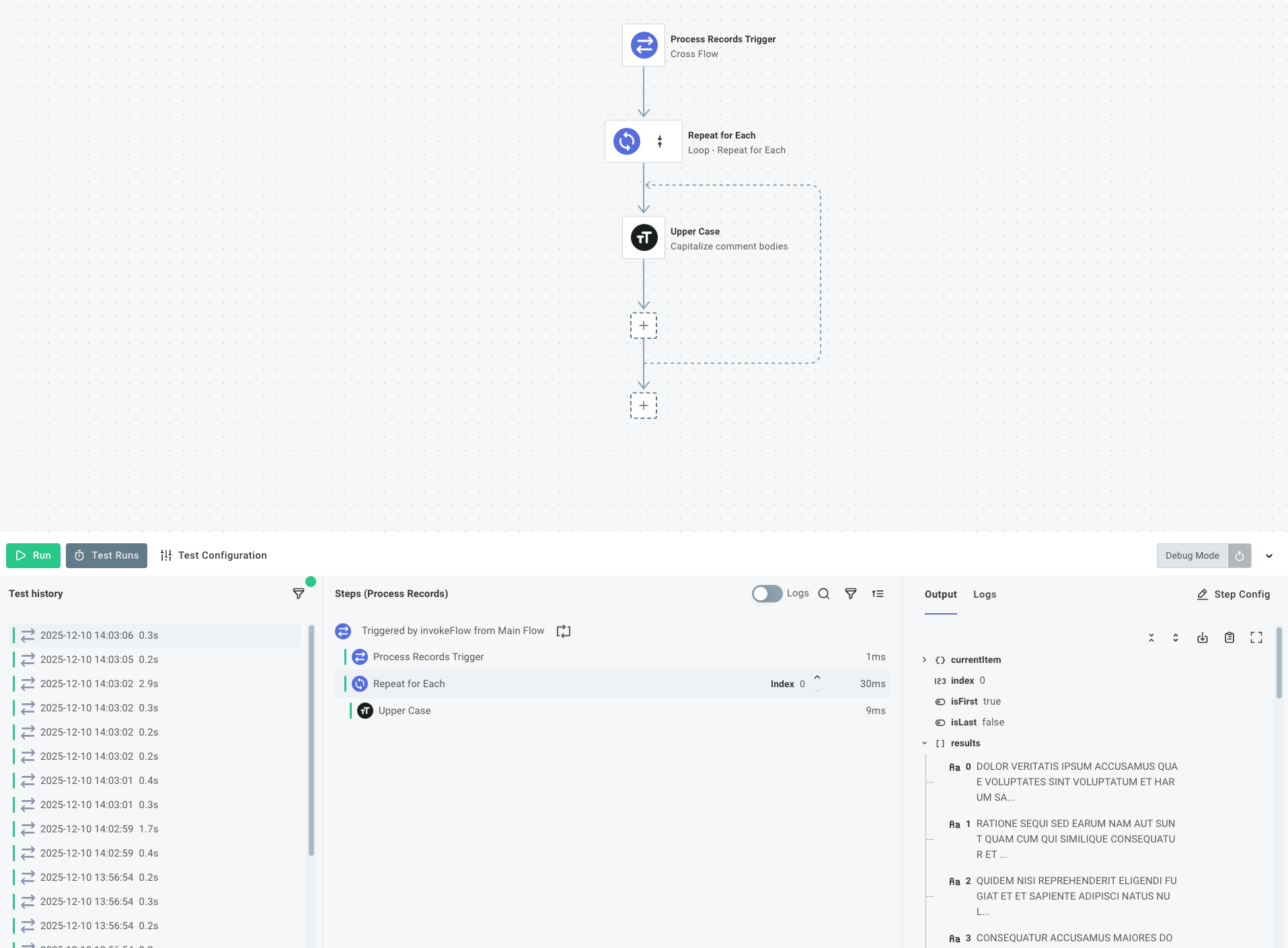 The Process Records flow was invoked 10 times, and each invocation received a chunk of 50 records.