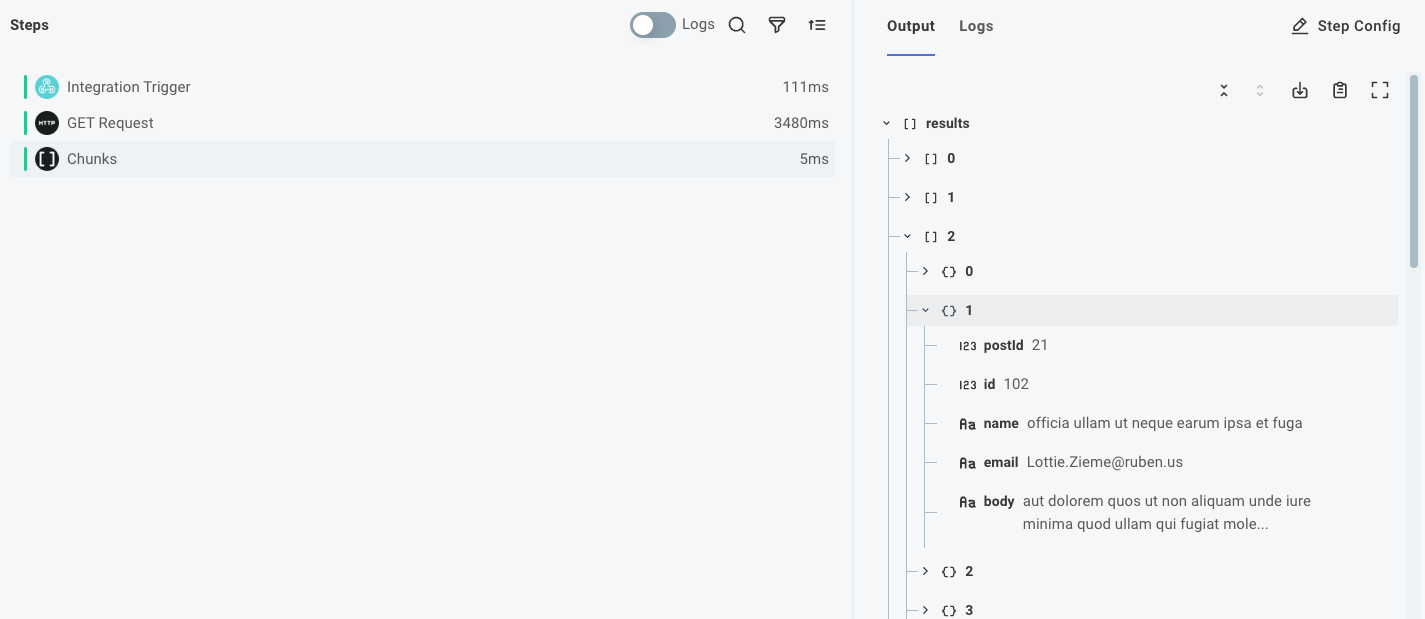 The results of the Chunks action, showing 10 groups of 50 records each.(maxWidth: 800px)