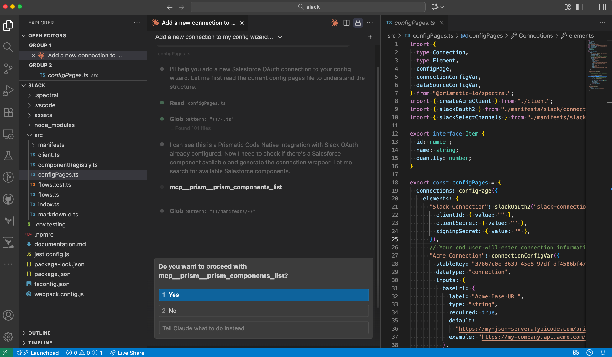 Claude Code using the Prism MCP server to assist with code-native integration development