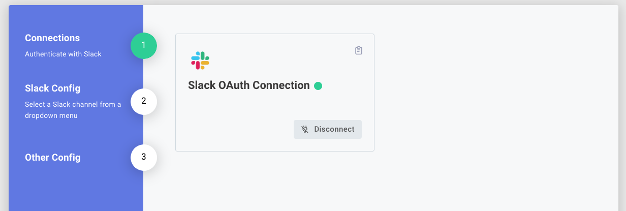 A card with a connect button that a user can click to authenticate with Slack(maxWidth: 800px)