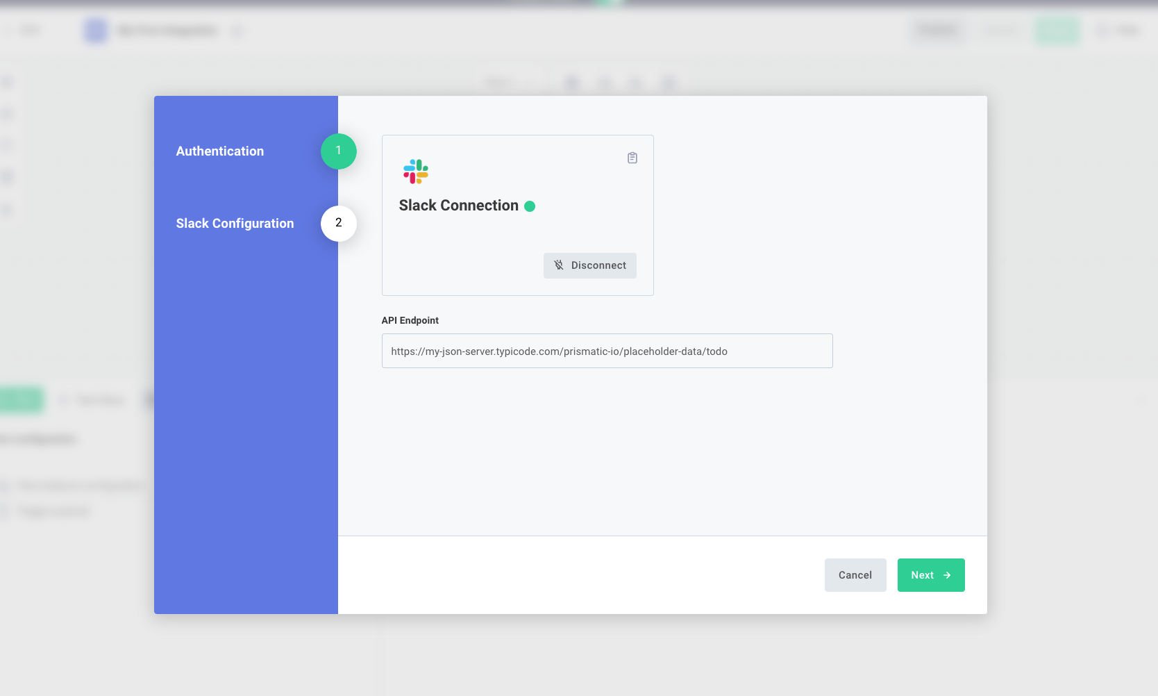 Config wizard for testing integrations in Prismatic app(maxWidth: 800px)