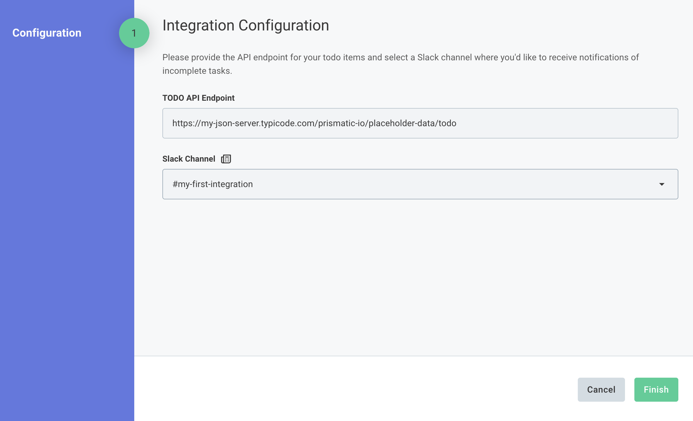 Config wizard showing the REST API endpoint input and Slack channel dropdown