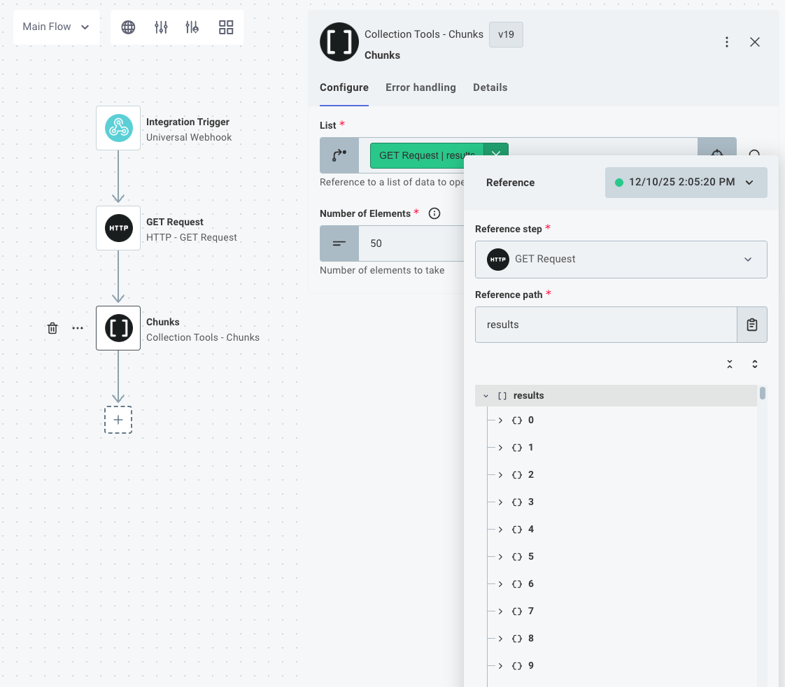 Configuring the Chunks action to split the data into 10 groups of 50 records each.(maxWidth: 800px)