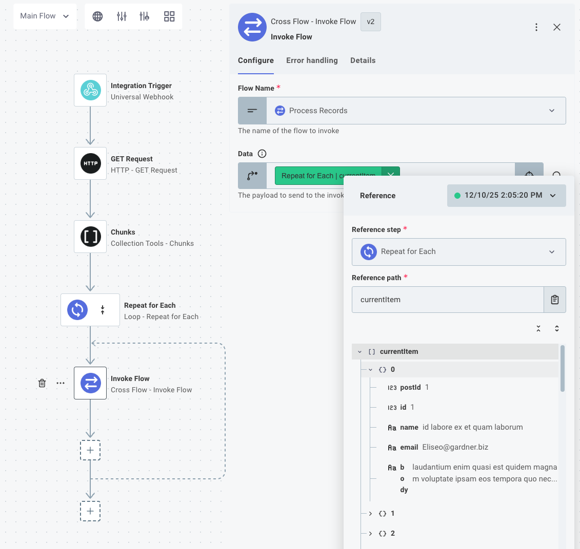 Invoke a sibling flow by sending the current chunk of records to the sibling flow