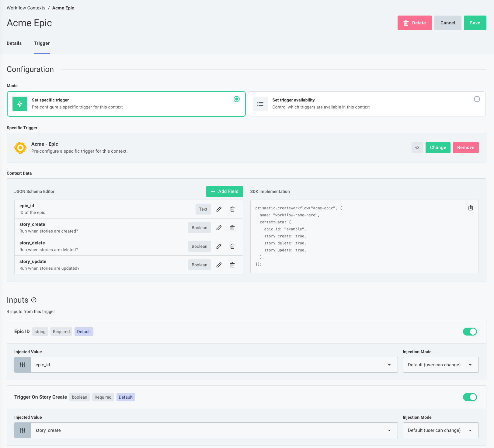 A screenshot of the workflow context editor, showing the section to define the contextData schema