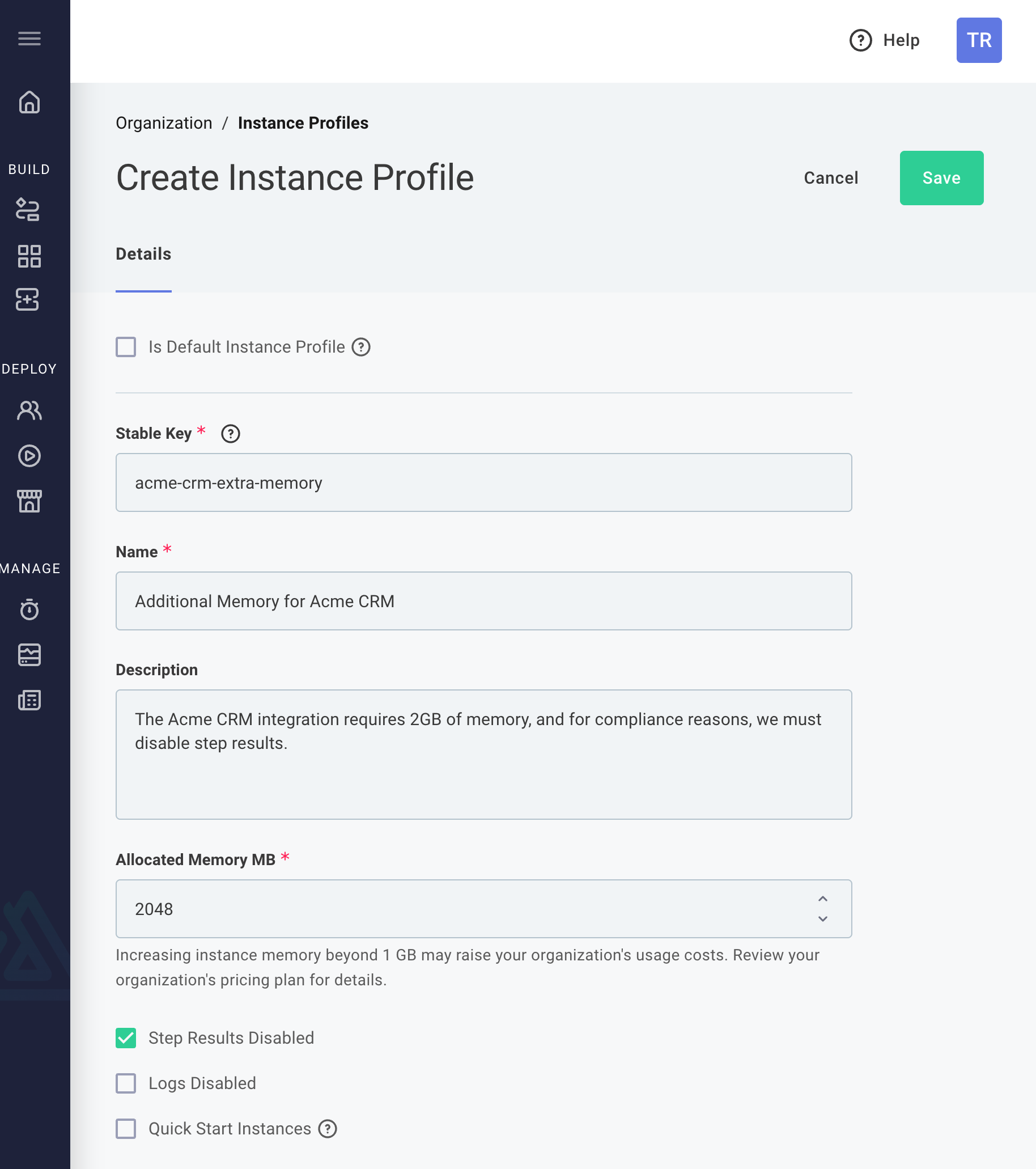 Instance profile configuration(maxWidth: 700px)