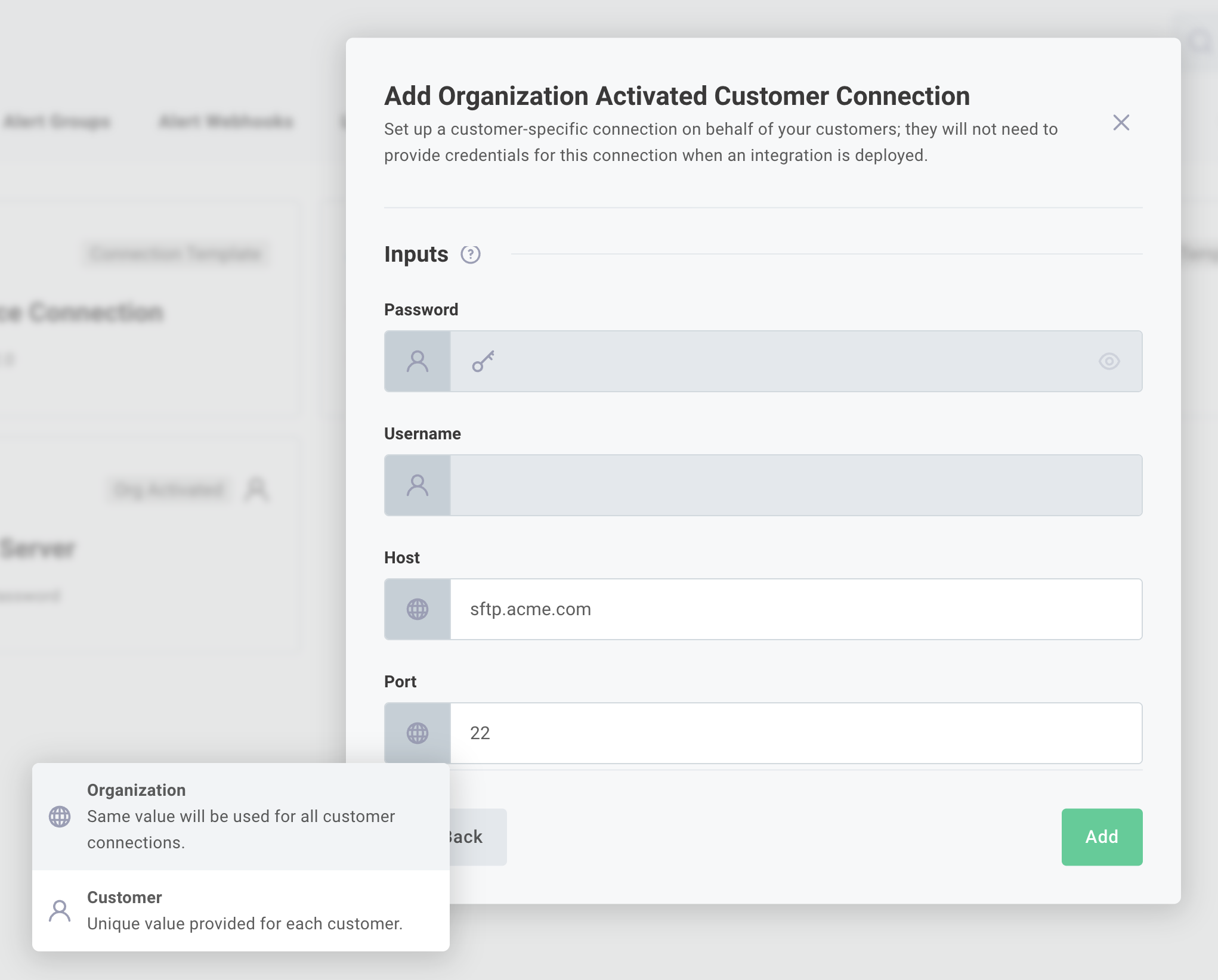 Create a new organization-activated customer connection input config(maxWidth: 700px)