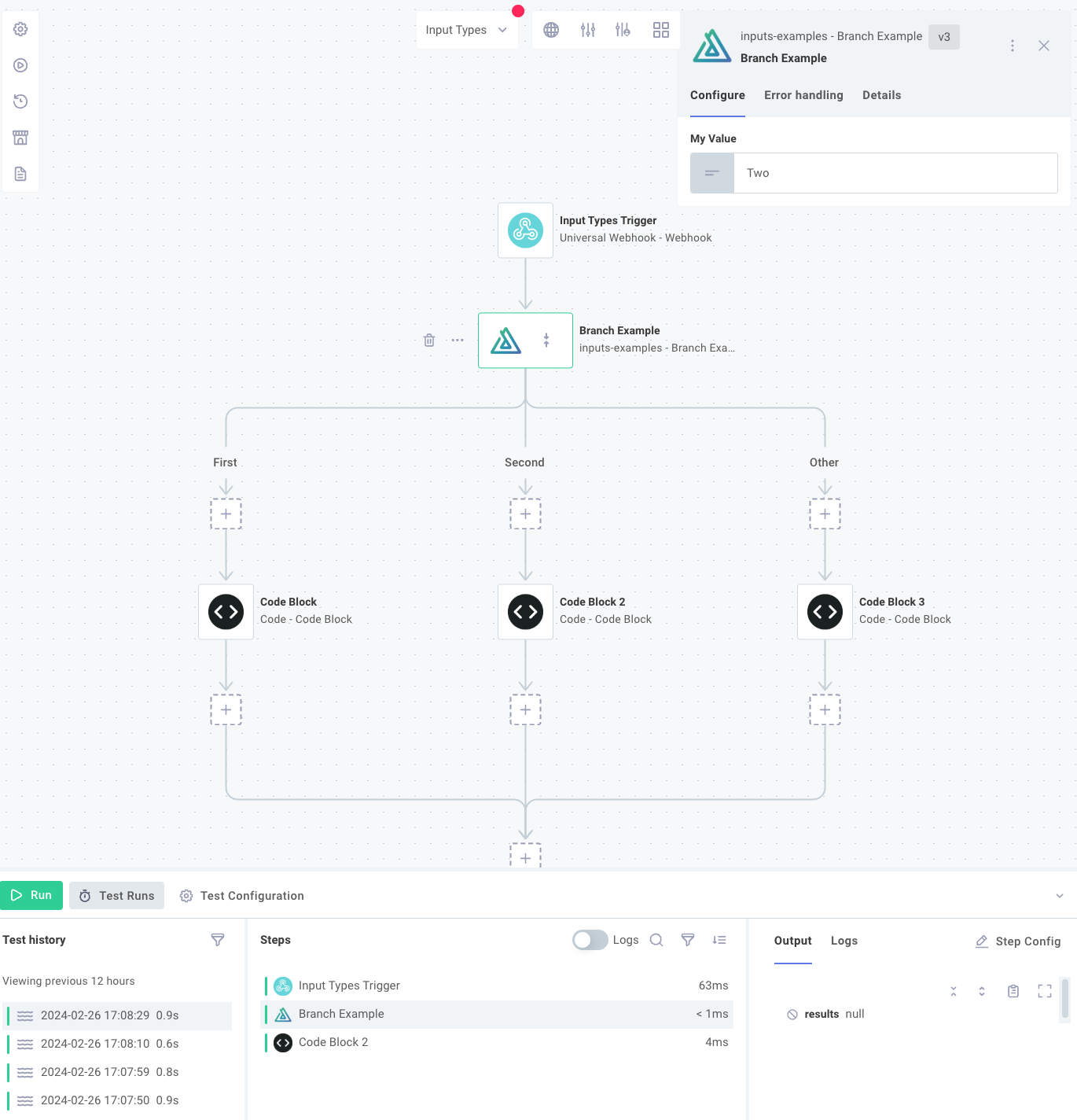 Logs showing which branch was followed in a custom branch step(maxWidth: 800px)