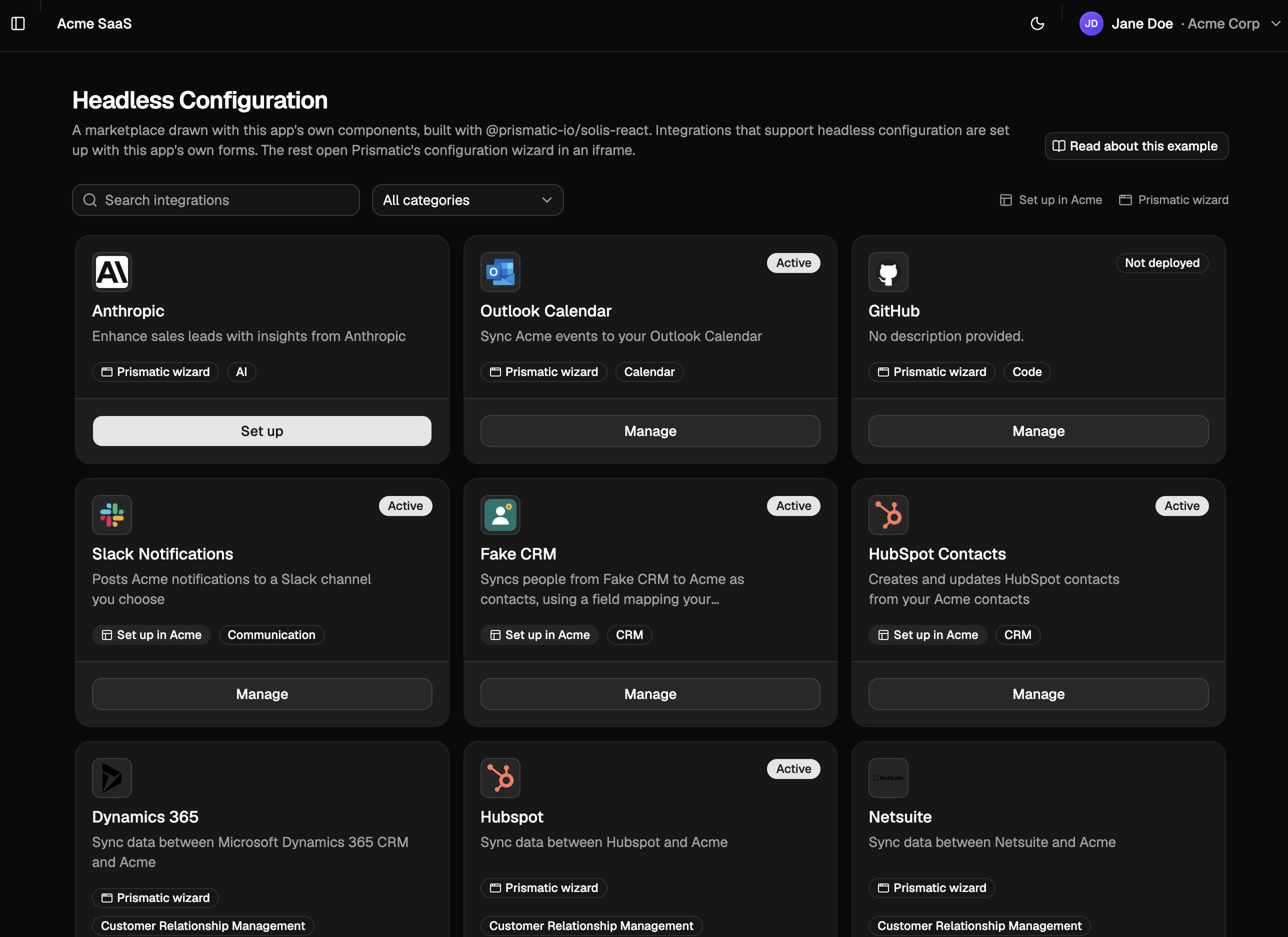 A custom marketplace of integration cards with search, a category filter, and status badges