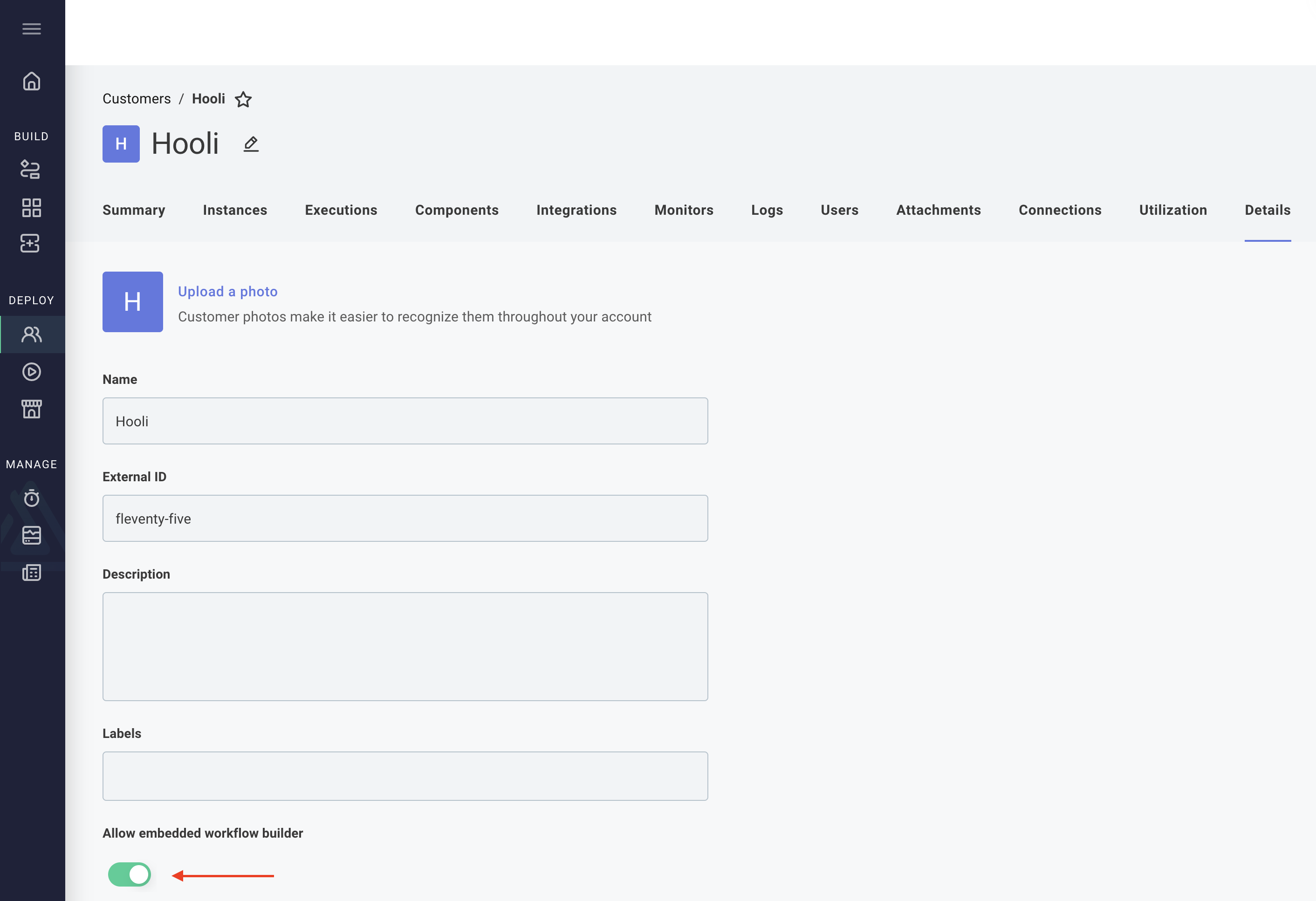 Enable embedded workflow builder for a customer