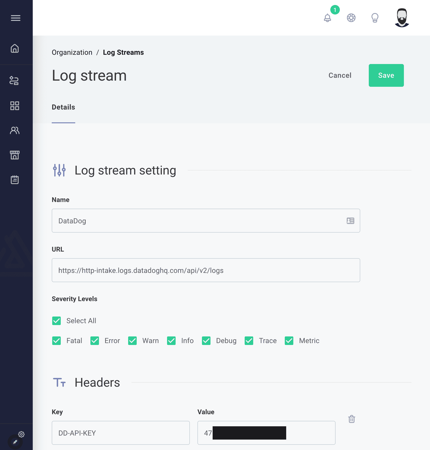 Configure Datadog log streaming in Prismatic app(maxWidth: 700px)