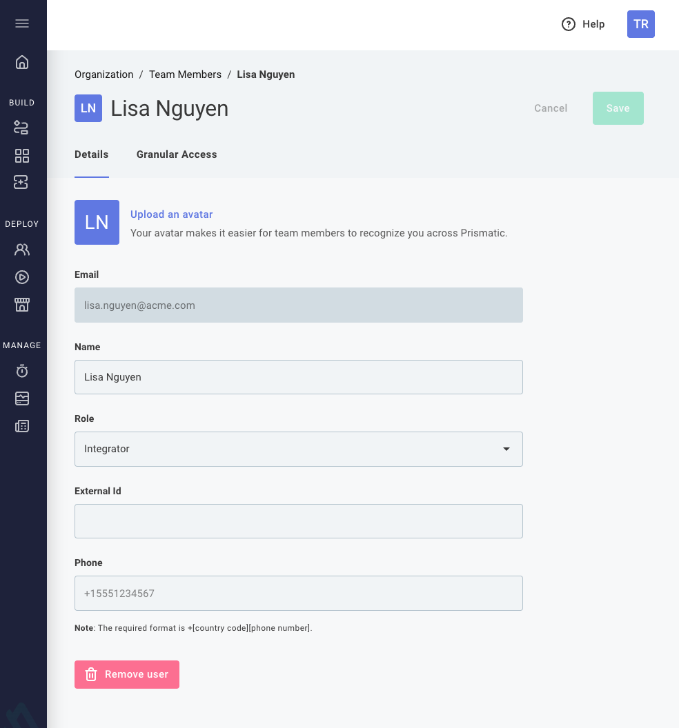 Edit team member in Prismatic app(maxWidth: 600px)