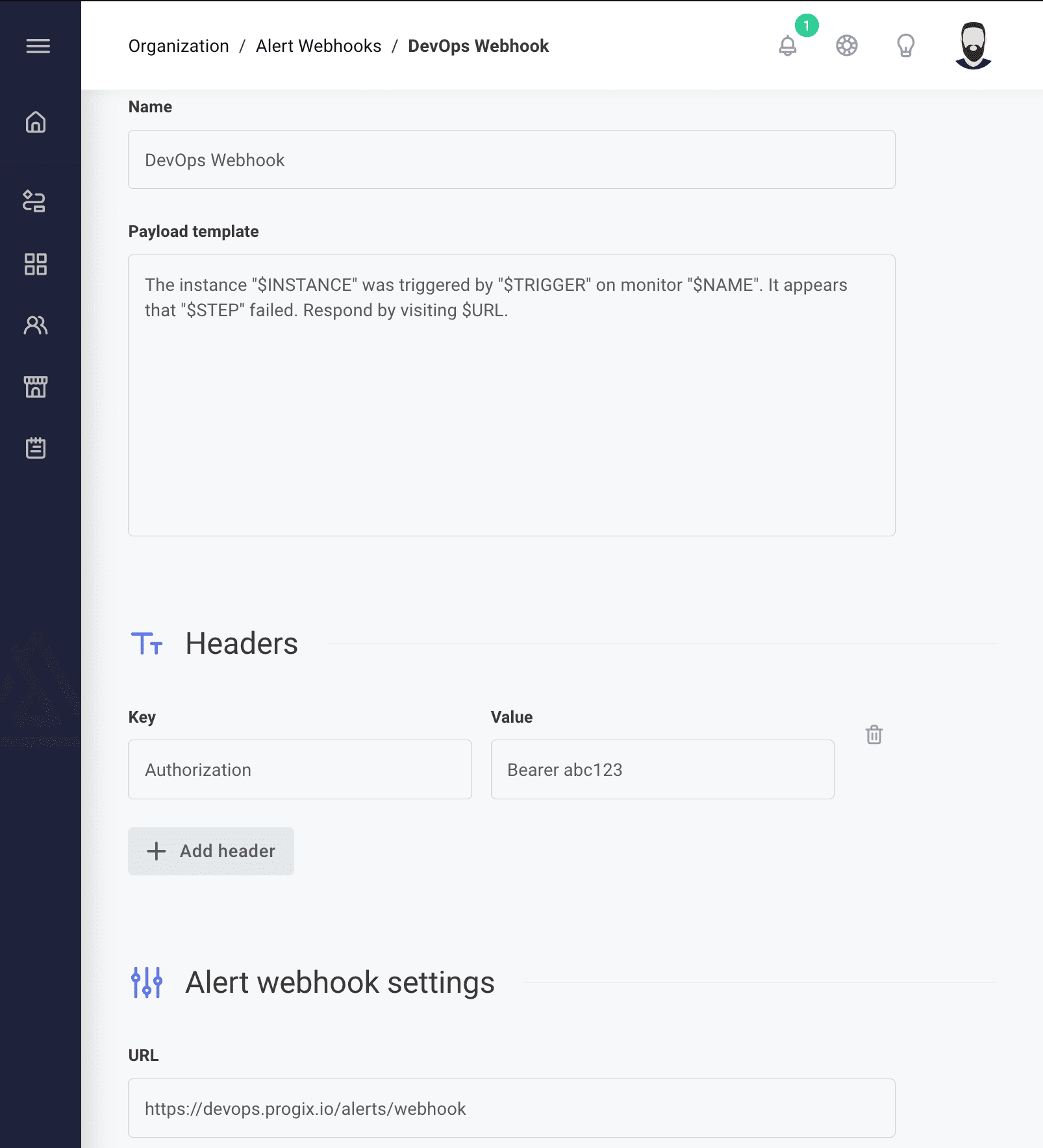 Edit alert webhook configuration in Prismatic app(maxWidth: 700px)