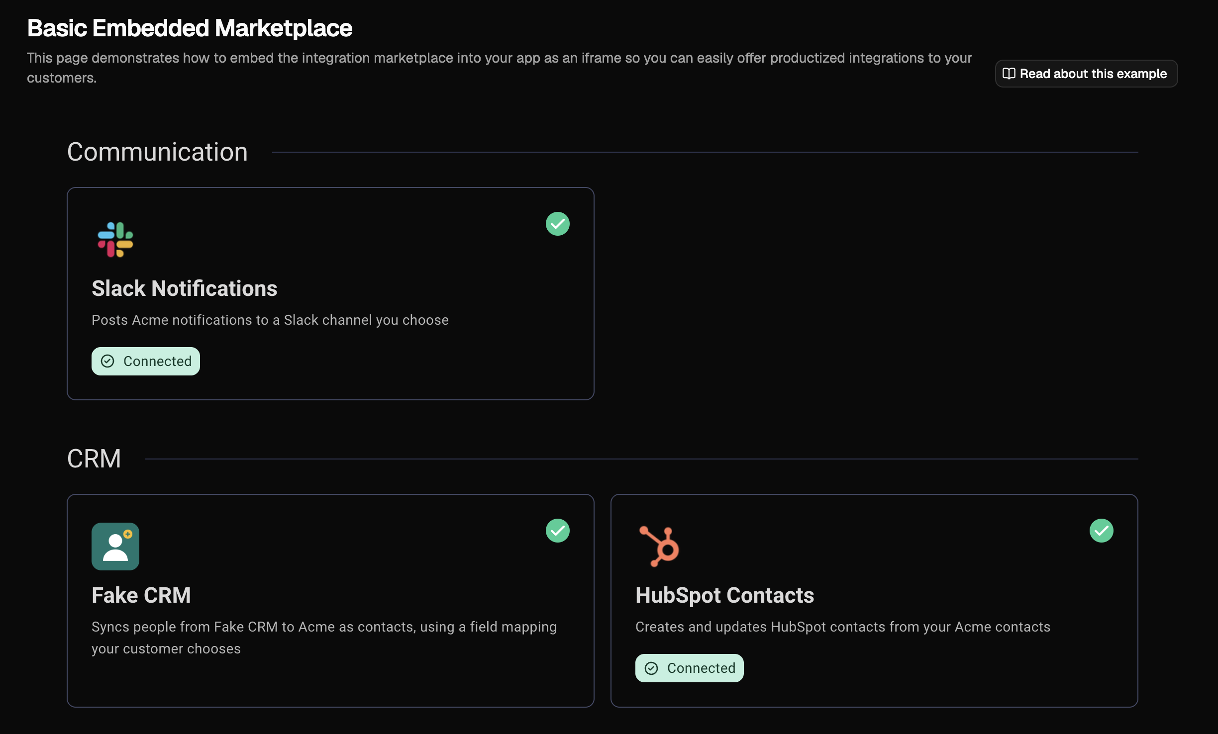 Prismatic's marketplace embedded in an iframe, showing integration cards grouped by category