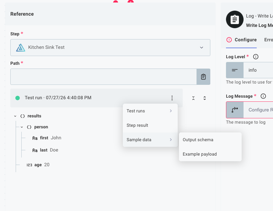 Selecting an example payload in the integration designer
