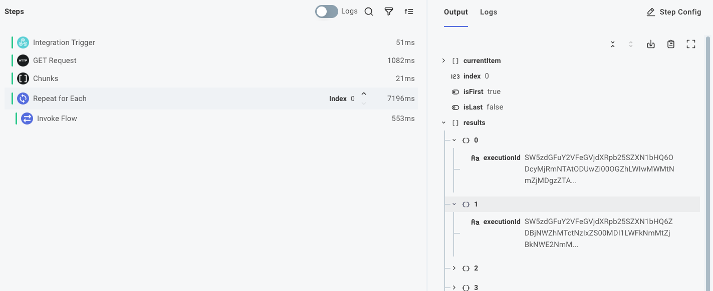 The Repeat for Each action returns an array of execution IDs from the HTTP POST action.