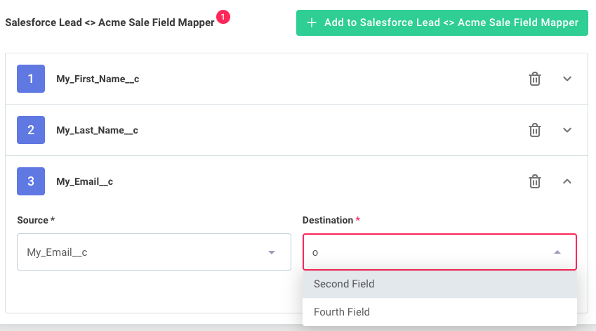 Screenshot of a custom field mapper in JSON forms(maxWidth: 650px)