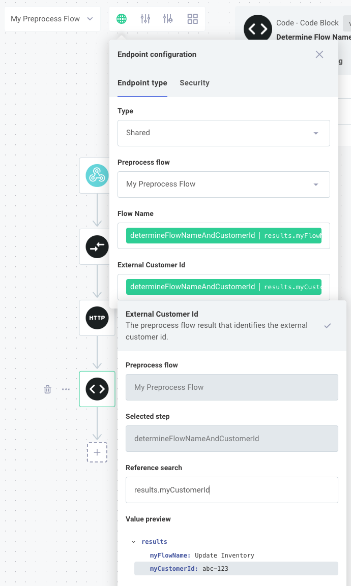 Set flow name with preprocess flow for shared endpoint configuration in Prismatic app(maxWidth: 550px)