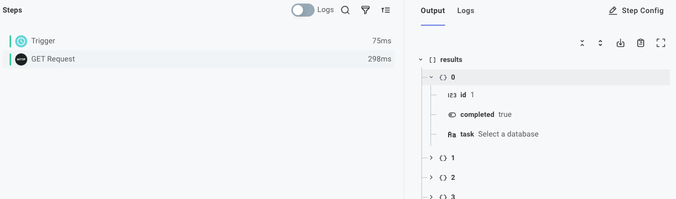 HTTP GET step results