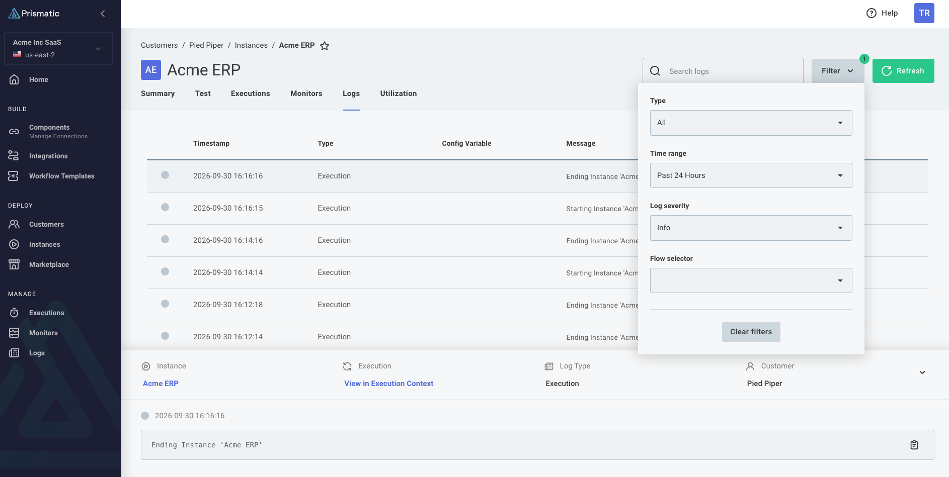Filter instance logs in Prismatic app