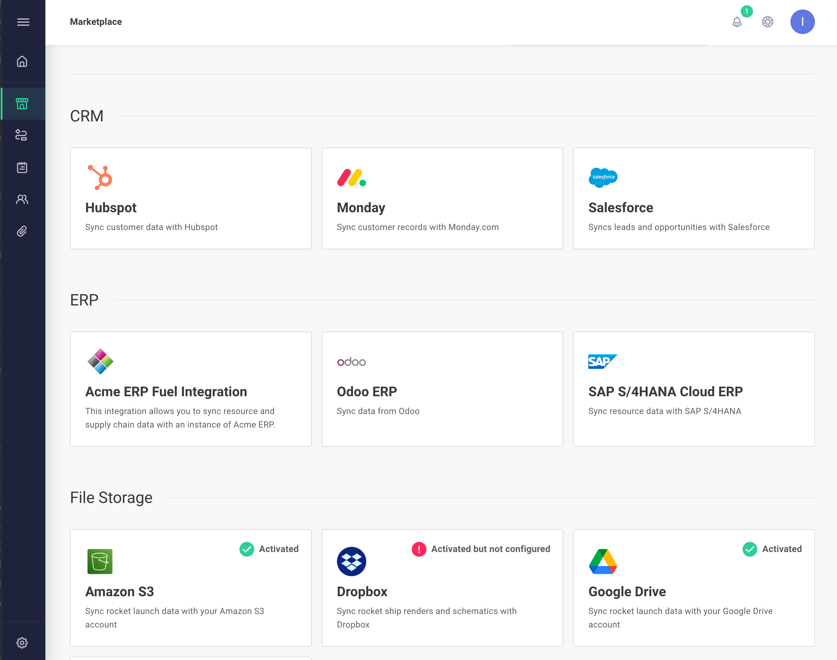 List of integrations with activated integrations highlighted in Prismatic integration marketplace(maxWidth: 700px)