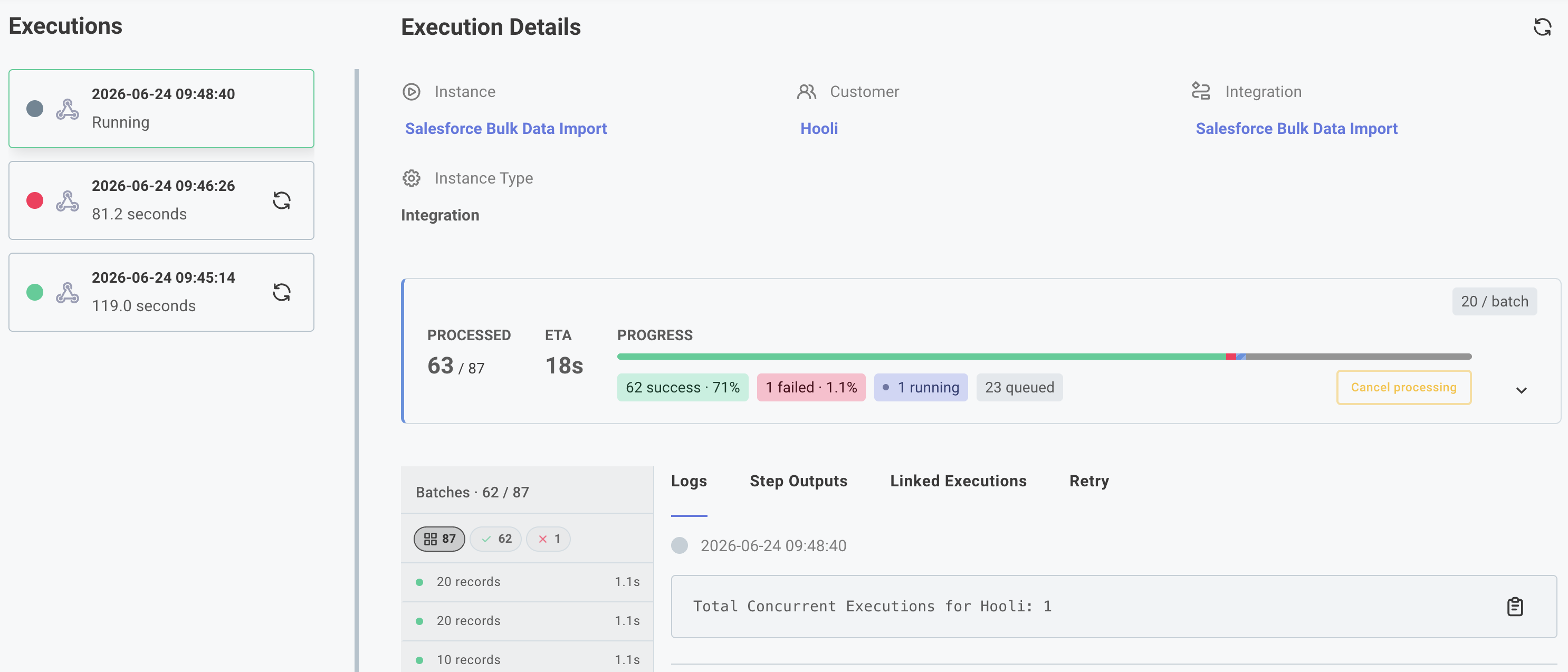 Large data sync execution results