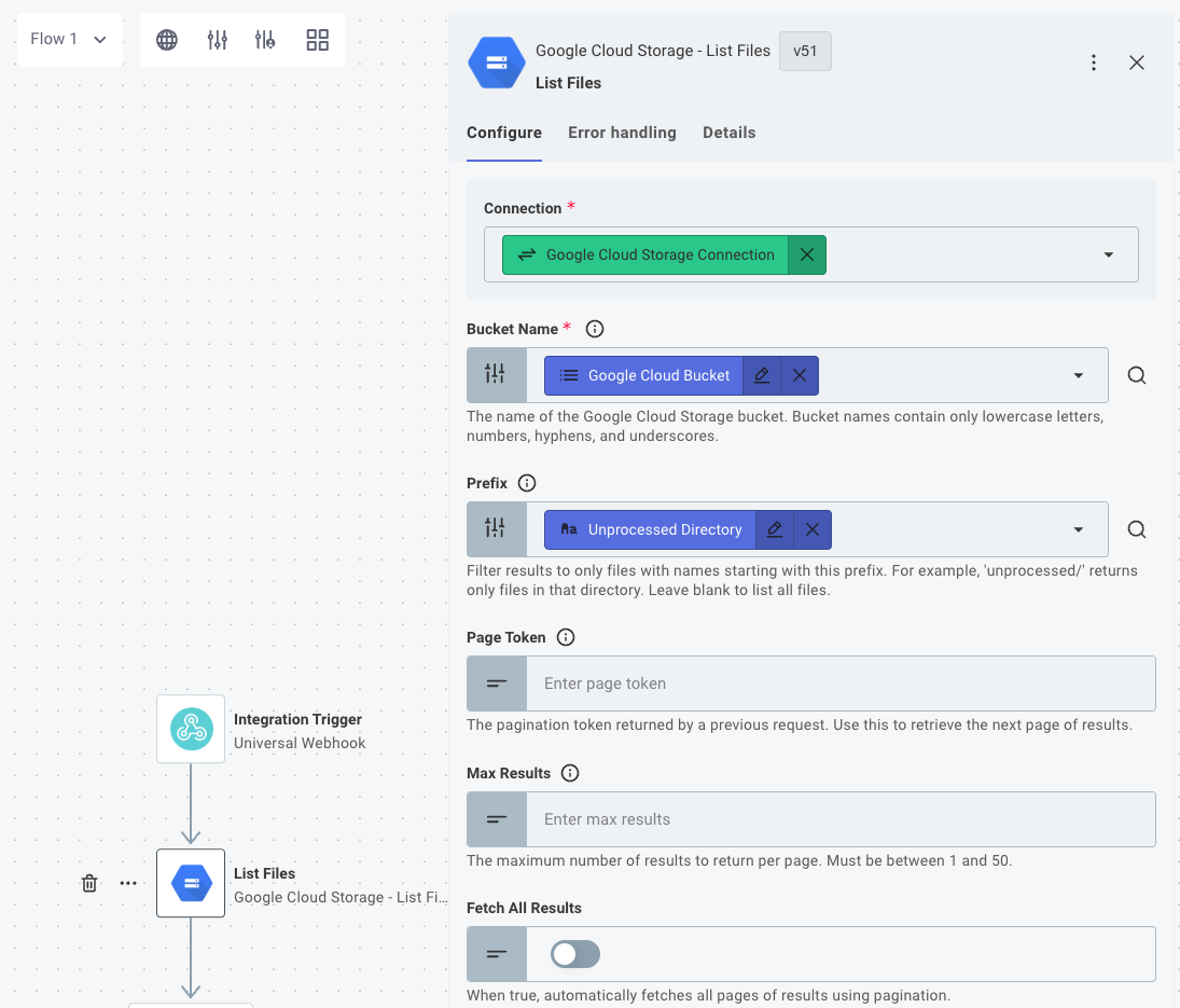 Google Cloud Storage - List Files inputs(maxWidth: 800px)