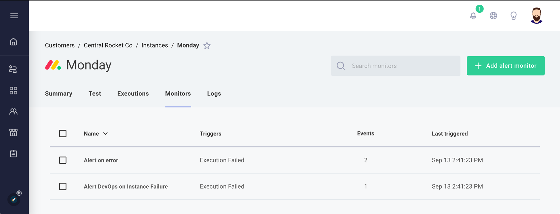 Instance monitors with active alerts highlighted in Prismatic app