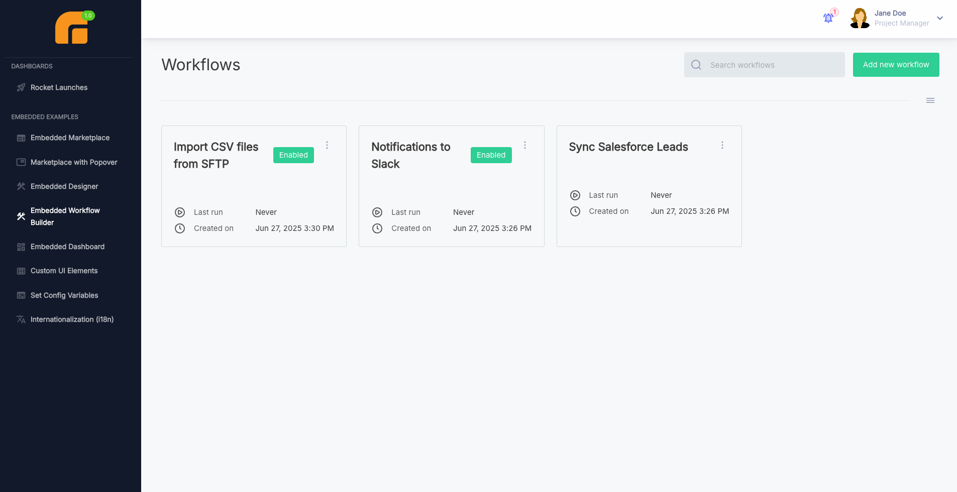 List workflows as a customer user in embedded