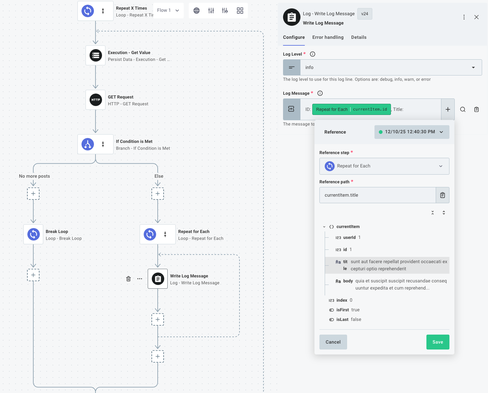 Log Write Message in Prismatic integration designer