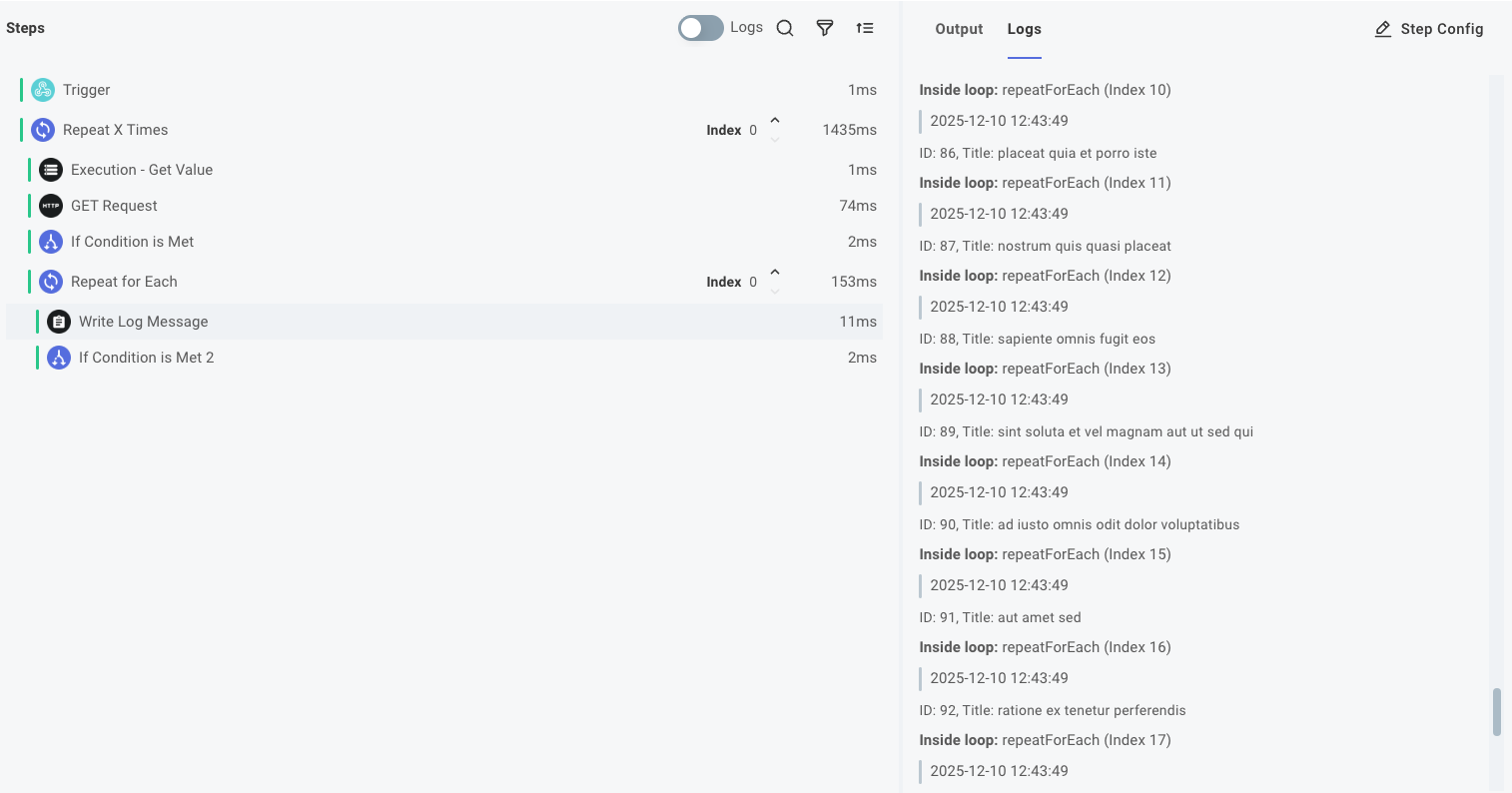 Logs are displayed for all posts that were fetched