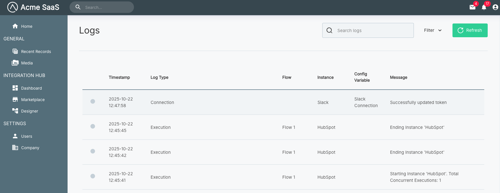 Embedded logs screen