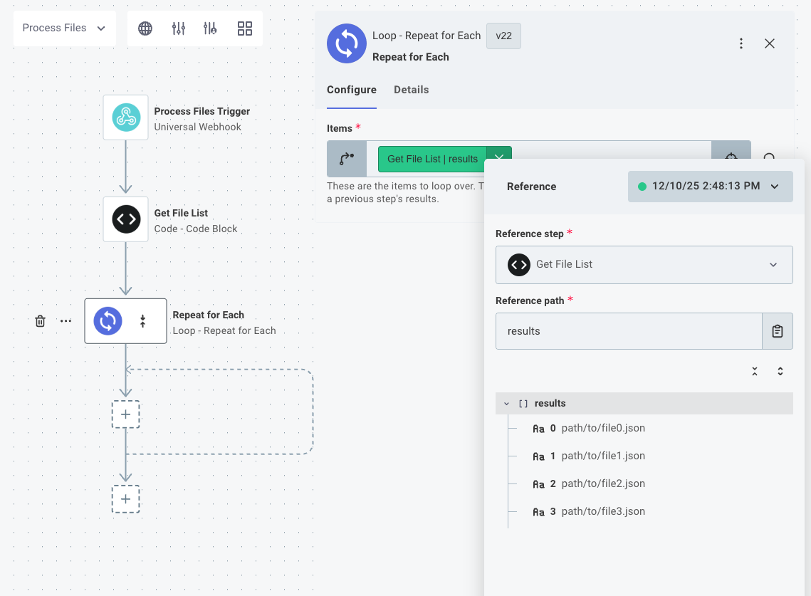 Loop over files by referencing results of list files step in Prismatic app(maxWidth: 800px)