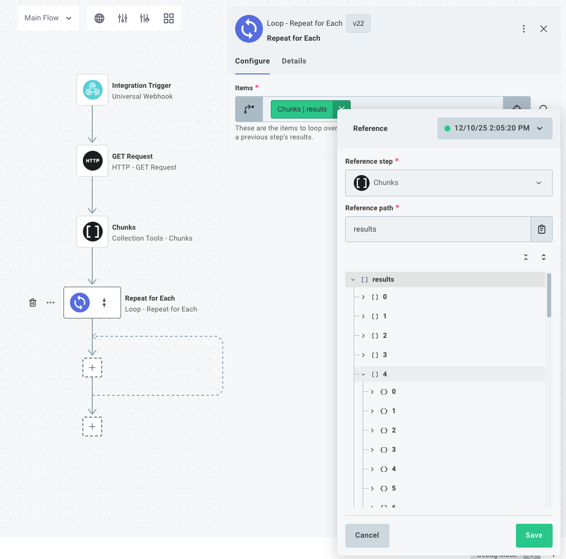 Configuring the Repeat for Each action to loop over the chunks generated in the previous step.(maxWidth: 750px)