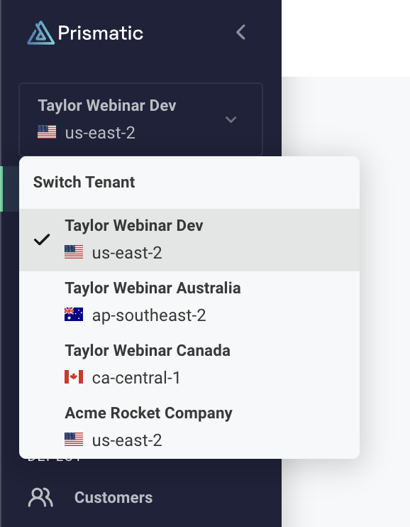 Screenshot of multi-tenant switching in Prismatic(maxWidth: 250px)
