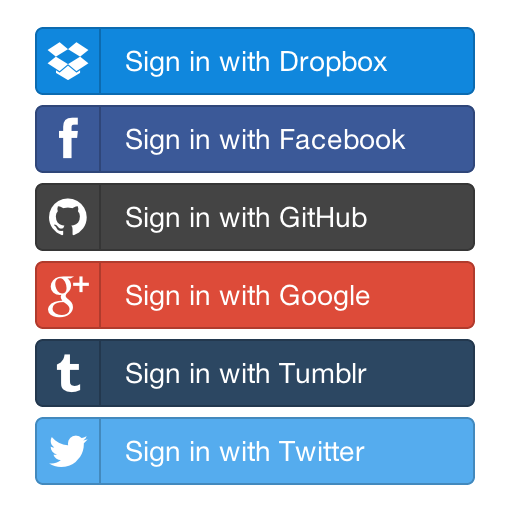 OAuth buttons including Dropbox, Facebook, GitHub, Google, Tumblr, and Twitter(maxWidth: 200px)