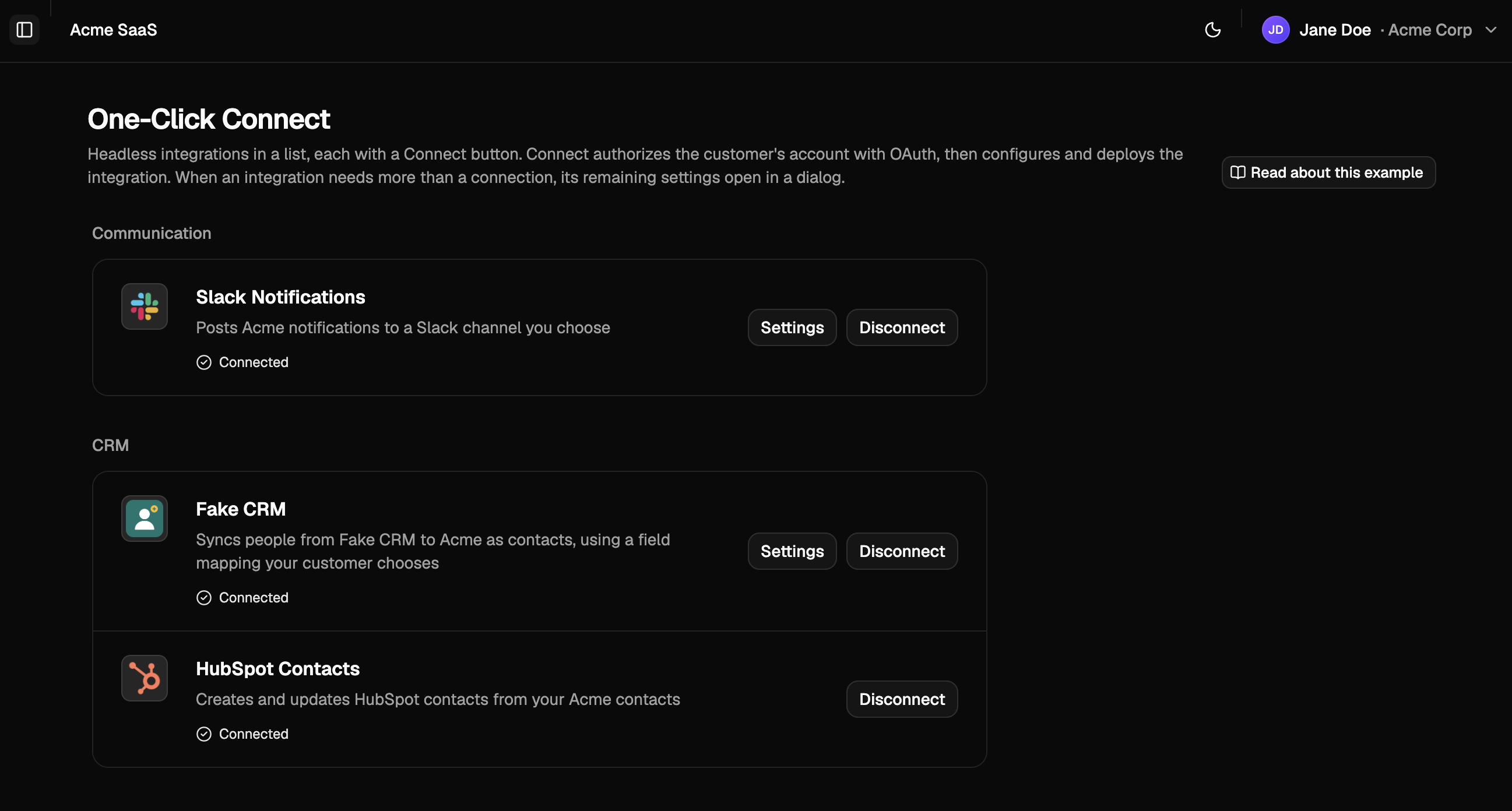 A list of integrations grouped by category, each marked Connected, with Settings and Disconnect buttons