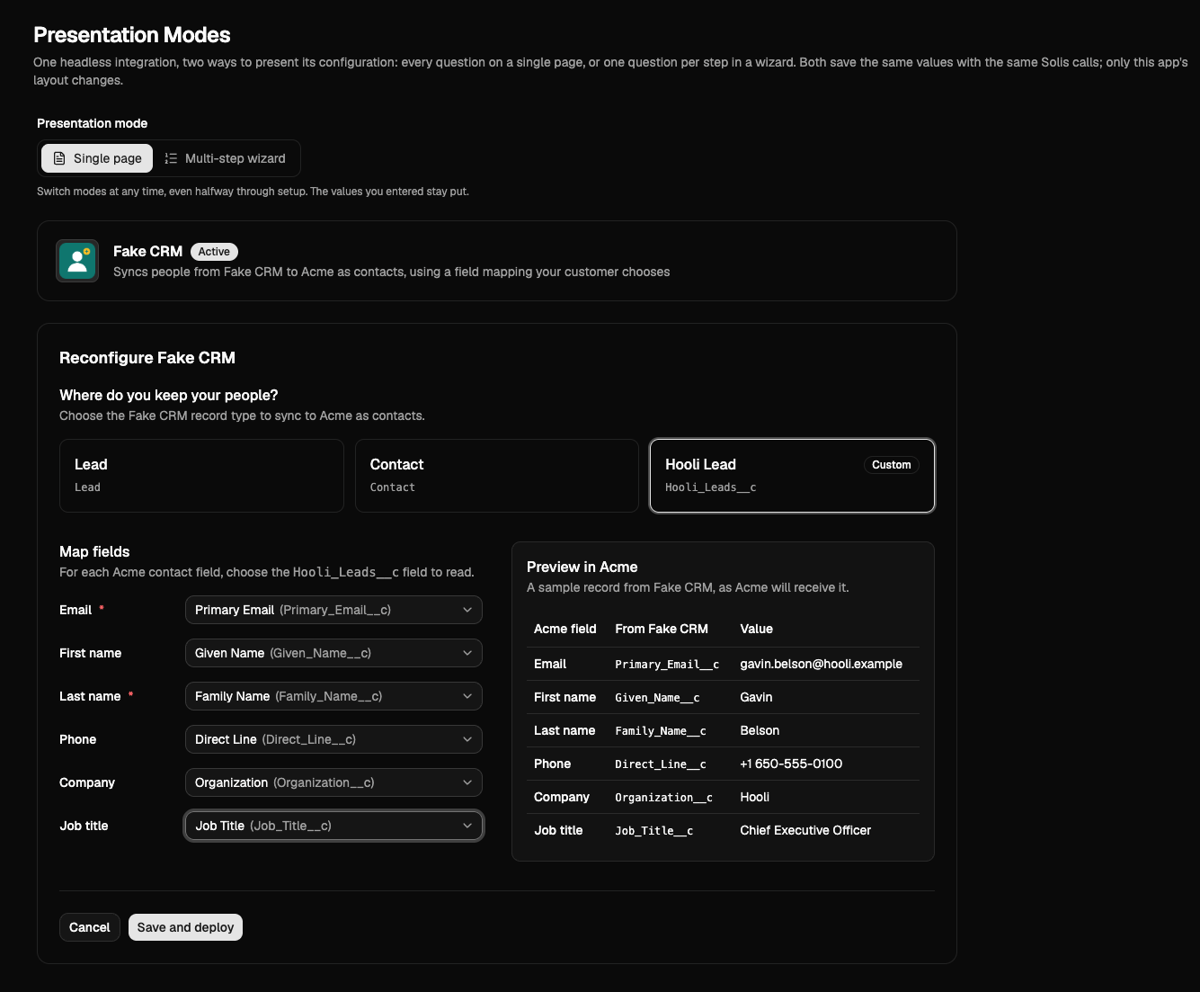 The Presentation Modes page in single-page mode, showing a record type picker, a field mapper, and a live preview for the Fake CRM integration