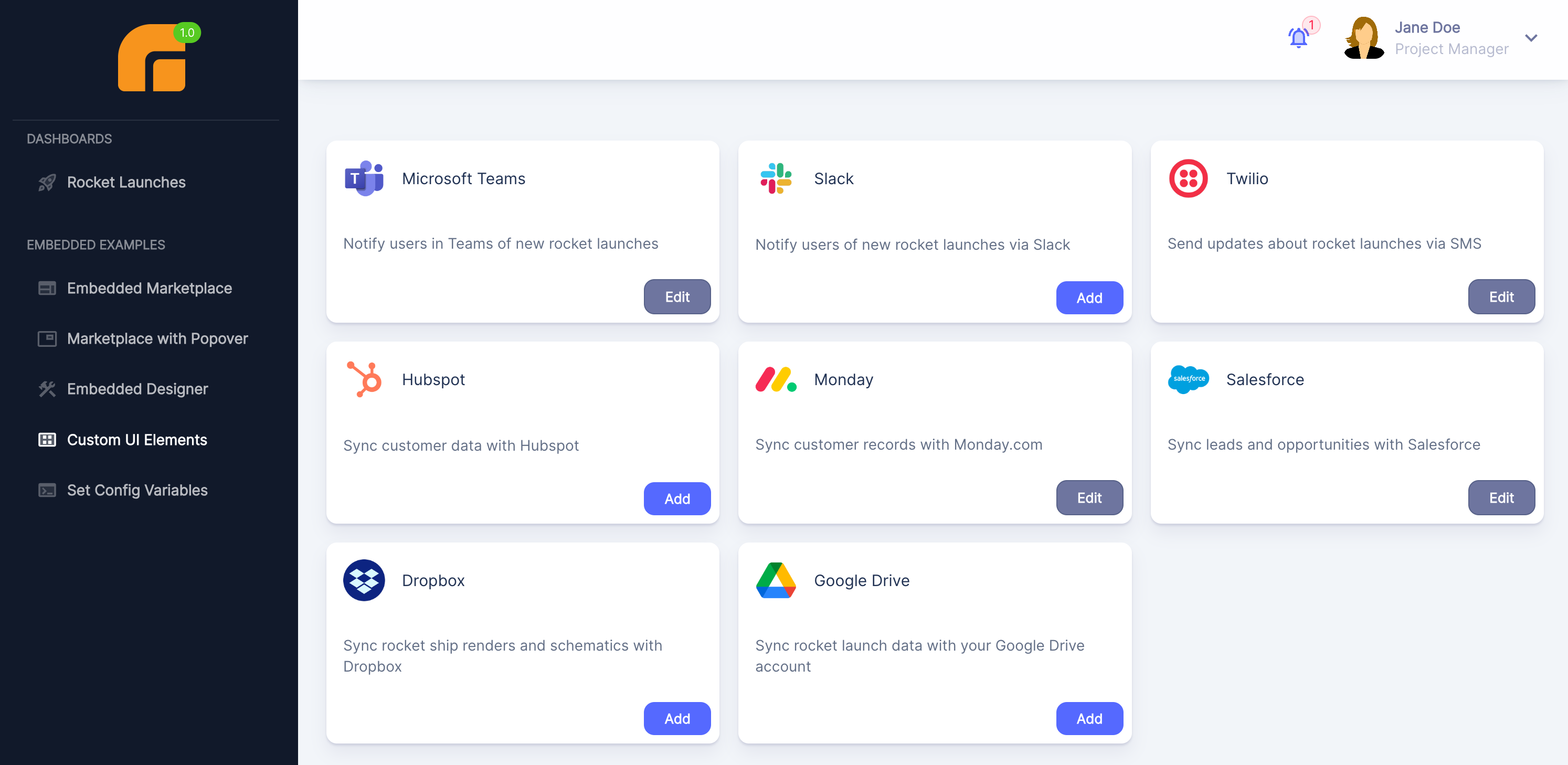 Your customers log in to your app and activate integrations through a custom UI(maxWidth: 800px)