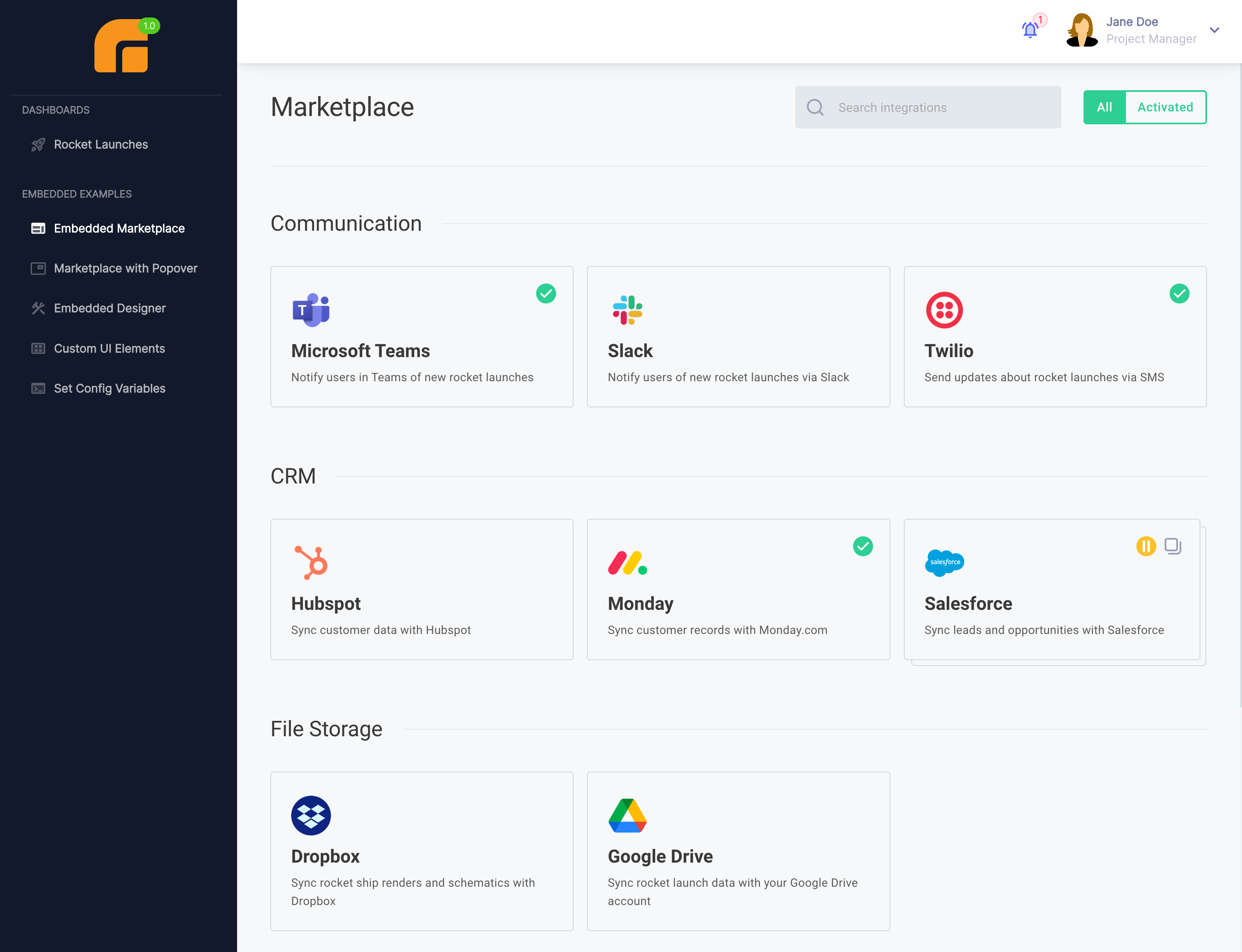 Your customers log in to your app and activate integrations through an embedded iframe(maxWidth: 800px)