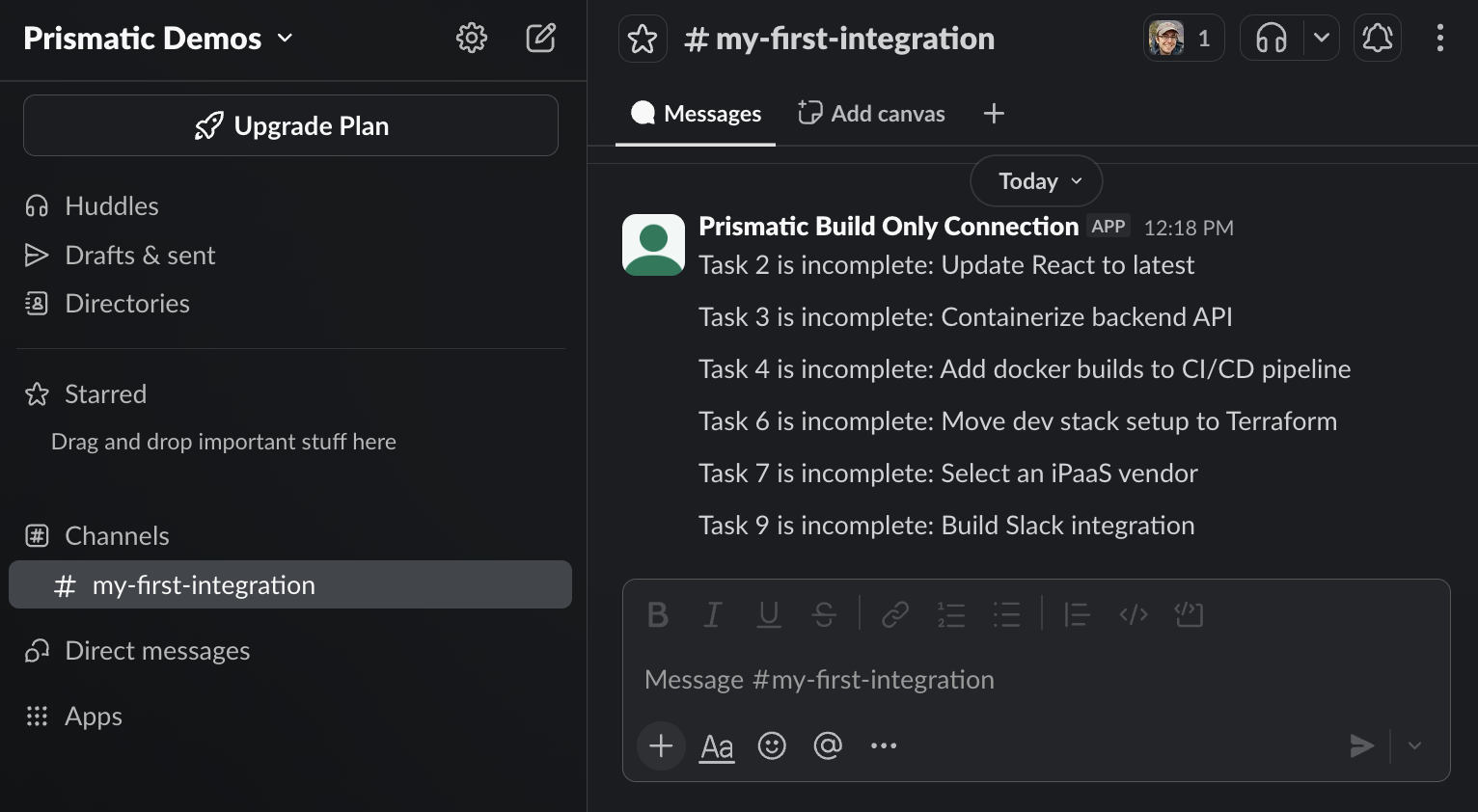 Test showing messages posted to Slack for the incomplete tasks