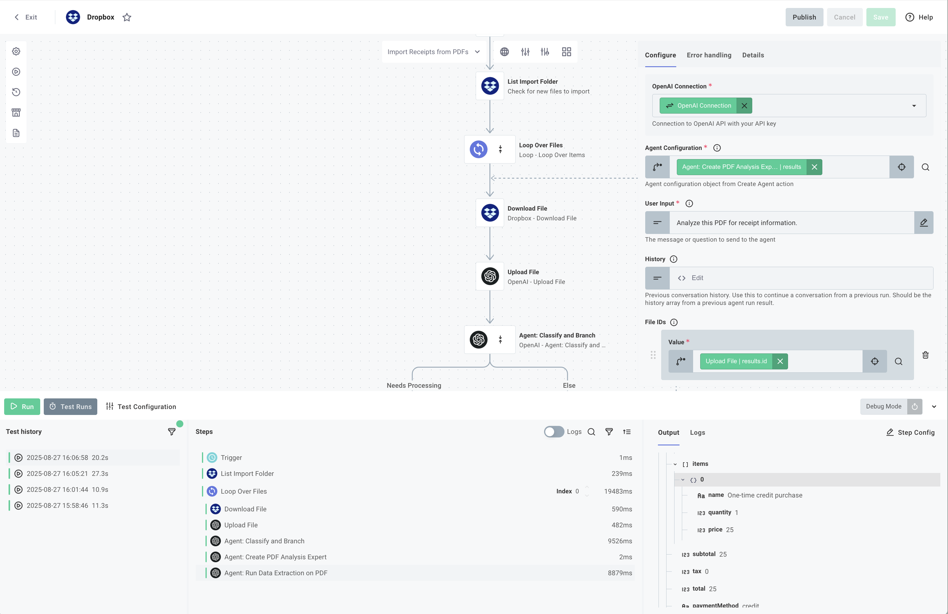 Receipt PDF extraction workflow