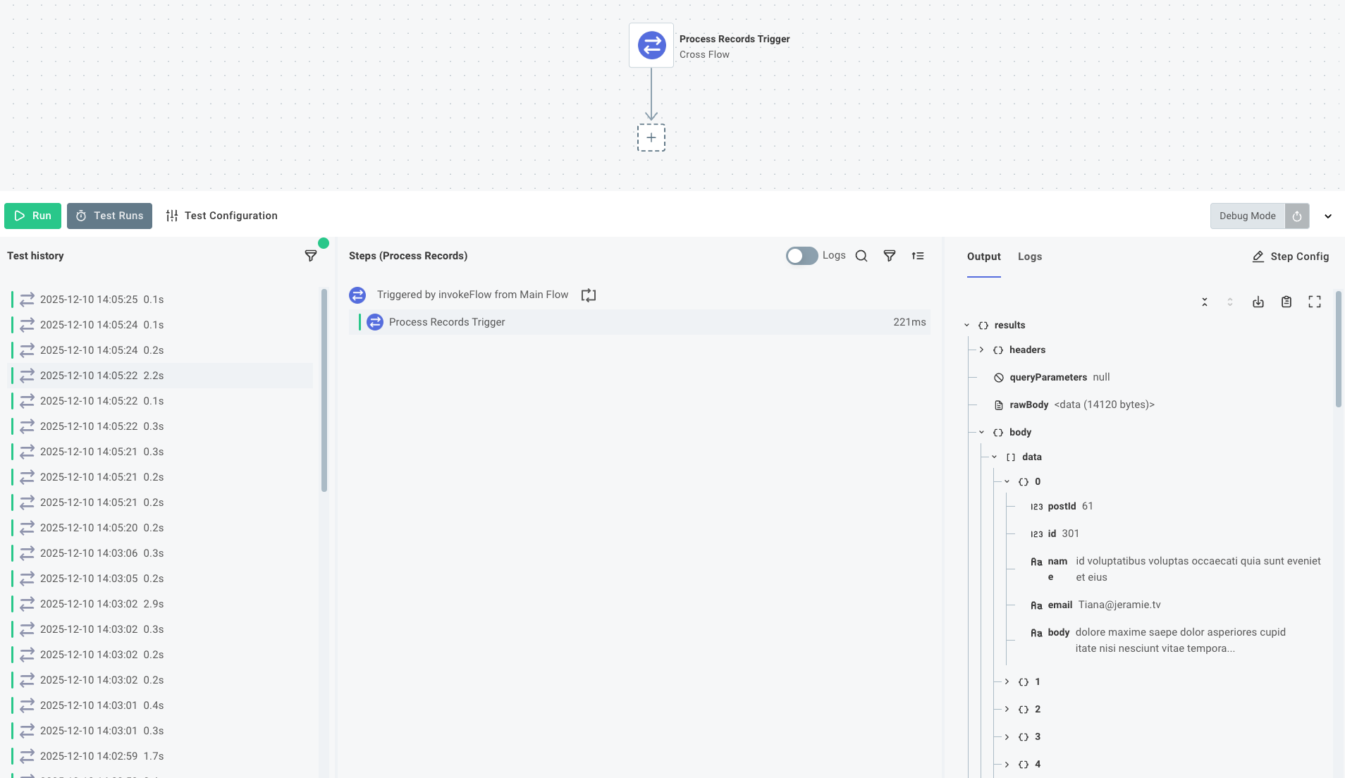 The Process Records flow was invoked 10 times, and each invocation received a chunk of 50 records.
