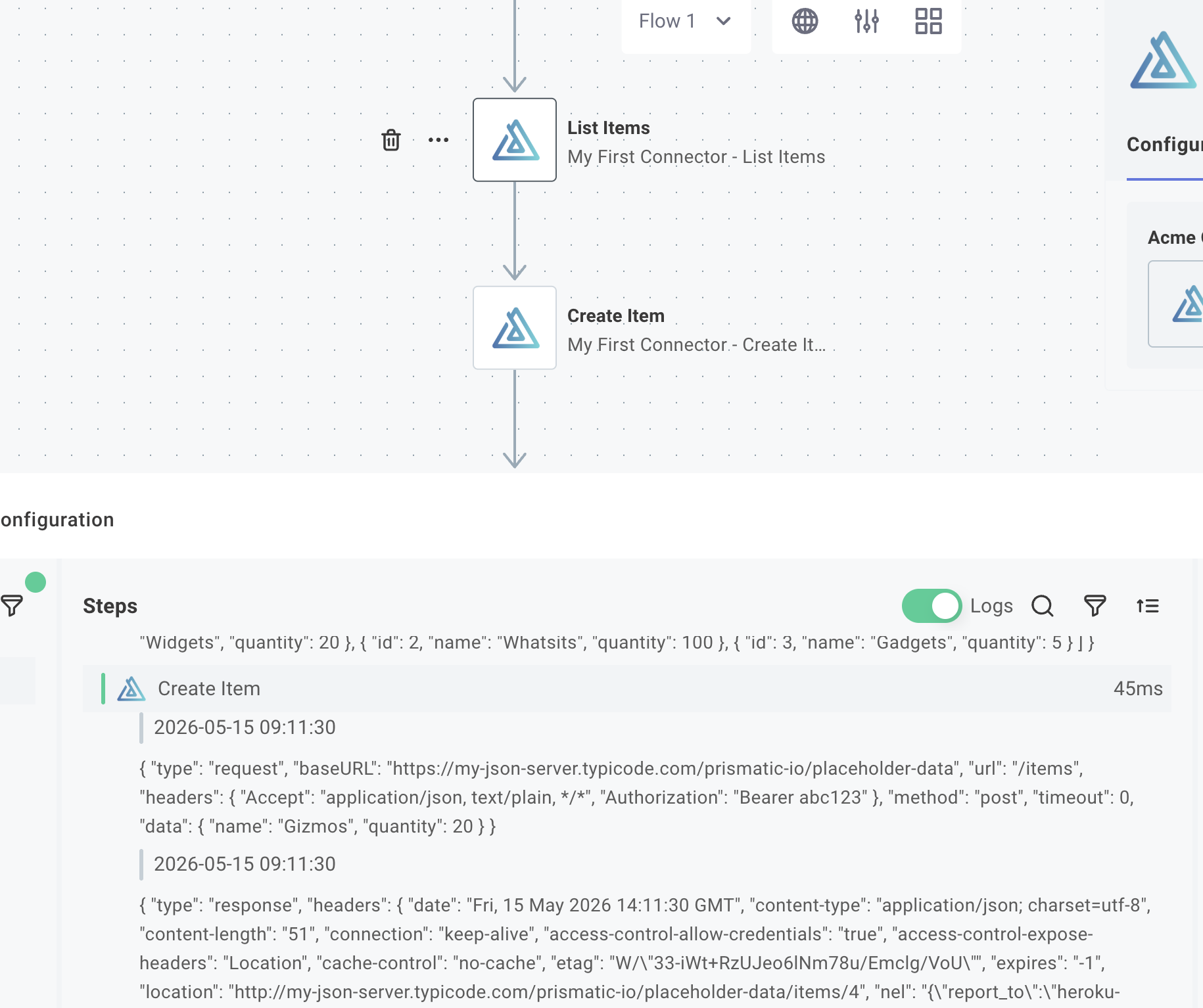 Testing the connector with authentication and reusable HTTP client in a flow