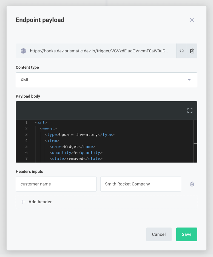 Test endpoint configuration in Prismatic app(maxWidth: 600px)