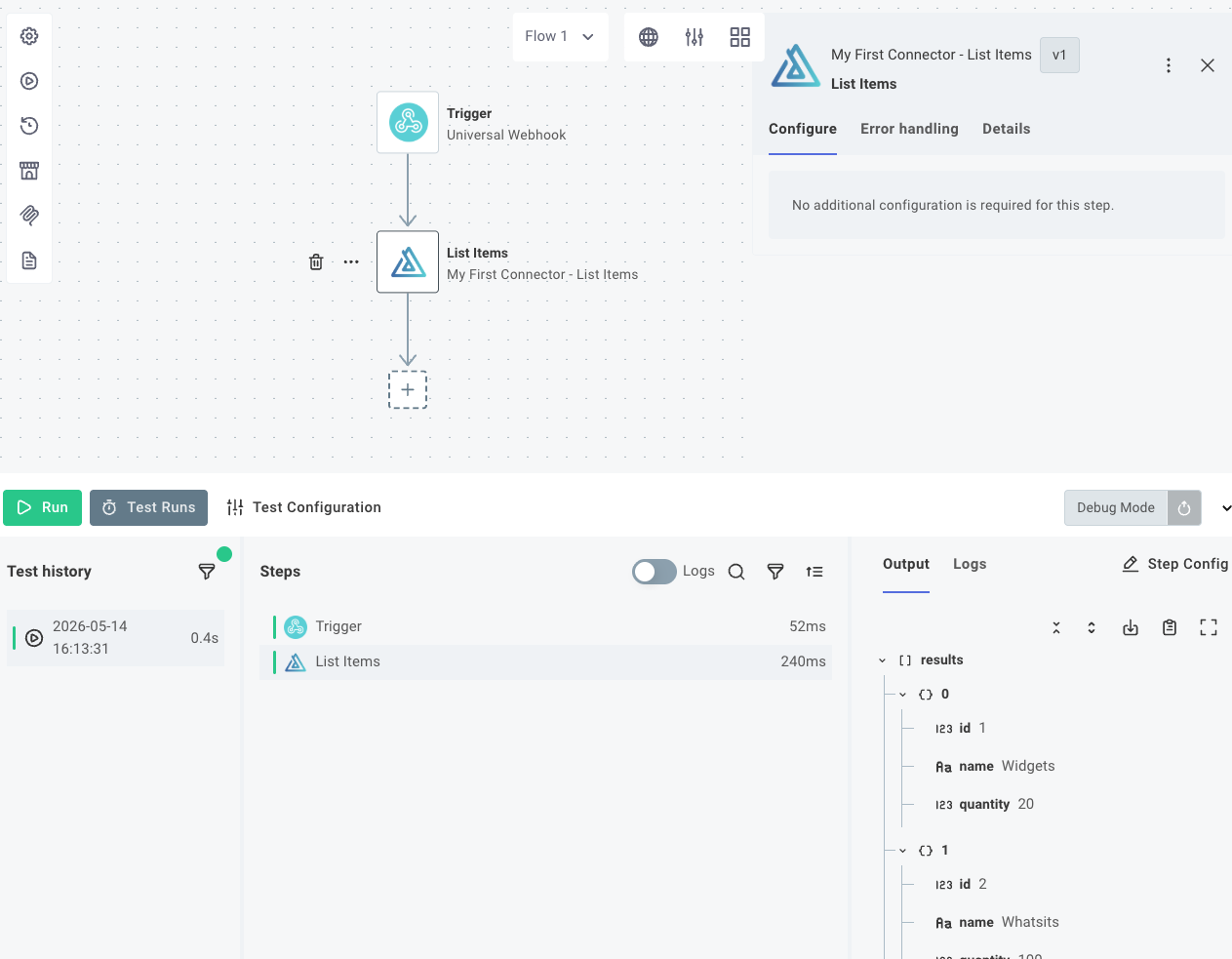 Testing the connector in a flow