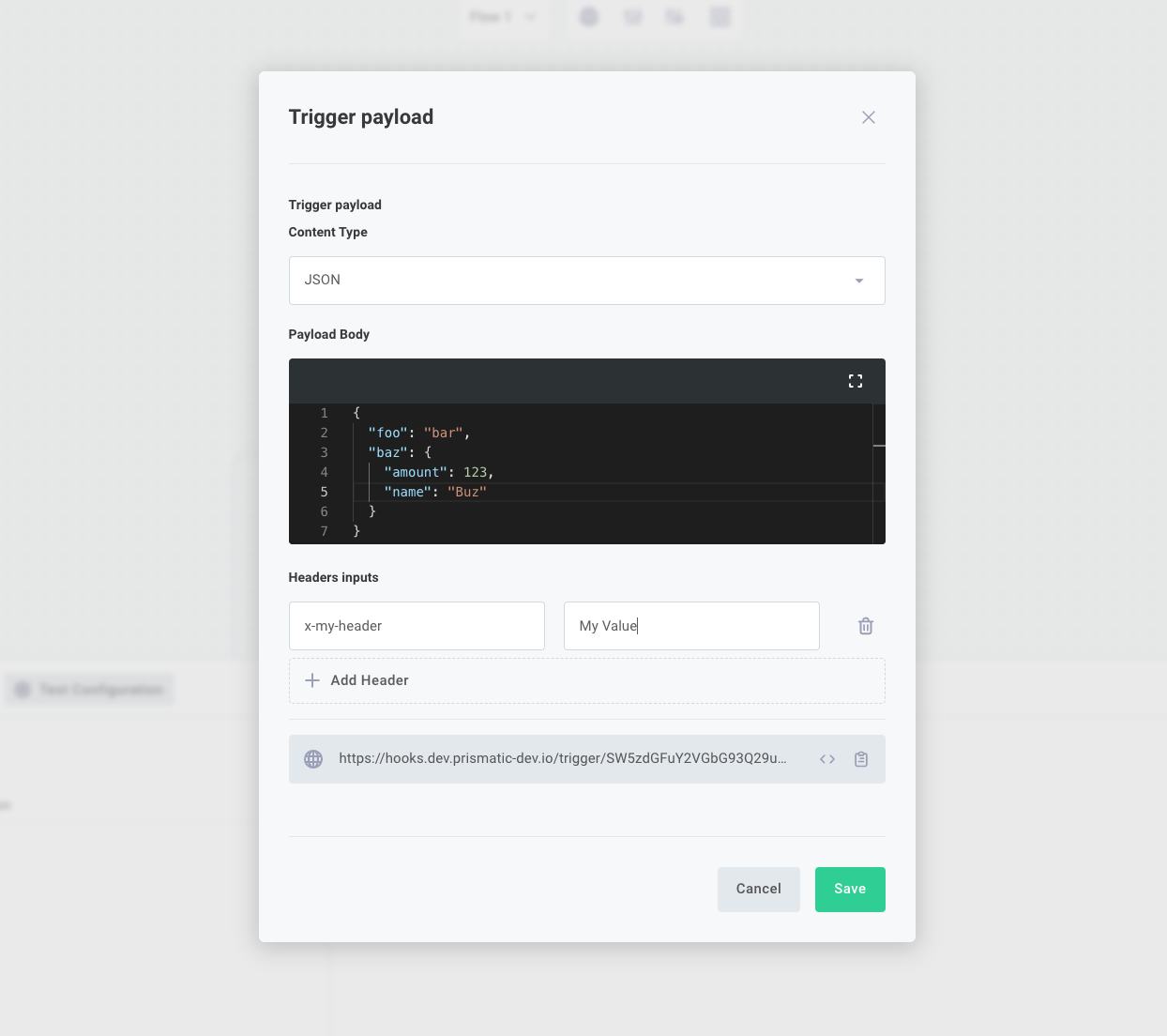Trigger payload dialog for testing integrations in Prismatic app(maxWidth: 800px)