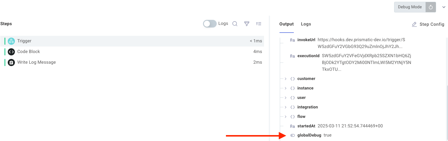 Trigger step global debug flag